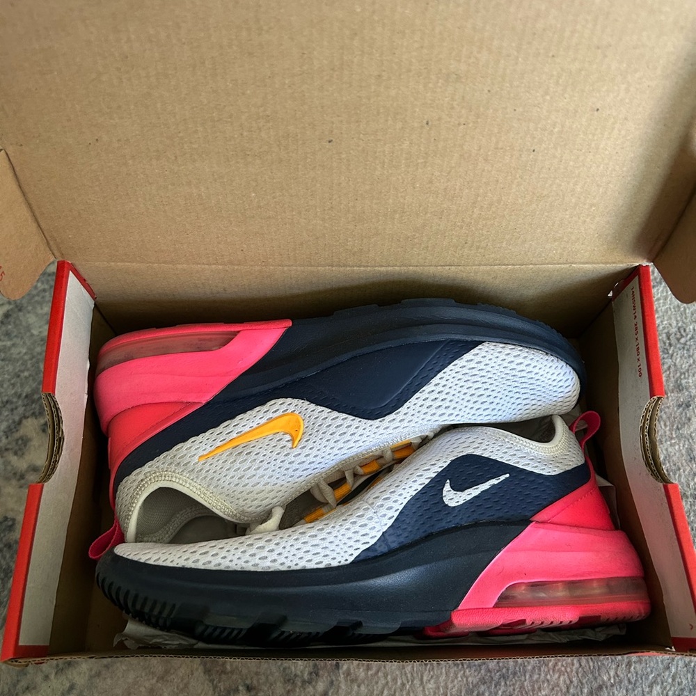 Nike Air Max Sneakers in White, Navy & Pink with Yellow Swoosh